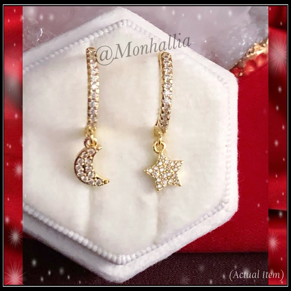 New gold celestial moon planet stars hoop charm Sim diamond earrings - Picture 4 of 5